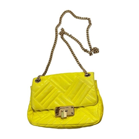 Michael Kors Peyton Vegan leather cross body purse yellow quilted chain strap - Picture 1 of 12